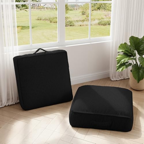 Meditation Floor Pillow for Adults, 8" Extra Thick Floor Cushion for Sitting with Washable Cover, Large Corduroy Meditation Pillow, 24 inches Tatami Seat with Handle for Yoga Pillow, Black - color: Black, size: 22x22x8 inch