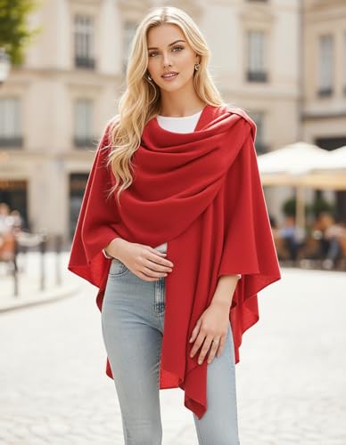 Womens Open Front Poncho Sweater Wrap Topper Knitted Elegant Shawls Cape for Spring Fall Winter - color: Series 1-red