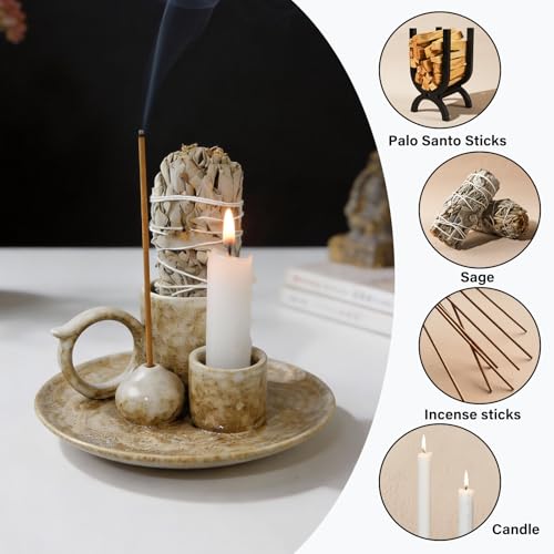 4.1-Inch 5-in-1 Ceramic Smudge Bowl-Versatile Incense Stick Holder and Smudging Dish for Palo Santo and Sage–Ideal for Zen Altar, Meditation,Yoga, and Aromatherapy–Easy to Clean Brown Design - color: Palo-incense-dish-brown