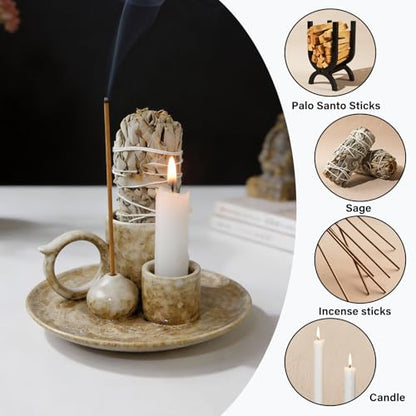 4.1-Inch 5-in-1 Ceramic Smudge Bowl-Versatile Incense Stick Holder and Smudging Dish for Palo Santo and Sage–Ideal for Zen Altar, Meditation,Yoga, and Aromatherapy–Easy to Clean Brown Design - color: Palo-incense-dish-brown