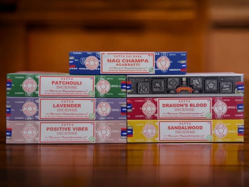 Satya Incense Gift Set Nag Champa, Super hit, Dragon's Blood, Sandalwood, Patchouli, Lavender, Positive Vibes 15gms x 7 Packs | for Meditation, Yoga, Healing, Aromatherapy, Relxation, Spirituality | - color: 7 Pack Set