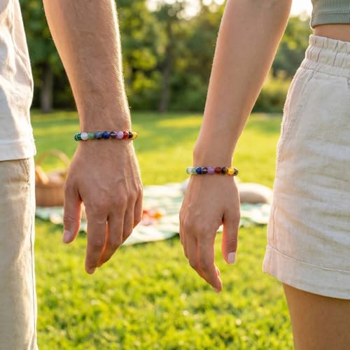 Natural Stone Beaded Bracelets for Women Men - 8MM Semi-Precious Stones Bracelets Adjustable Crystal Beads Stretch Bracelet - color: 7 Chakras