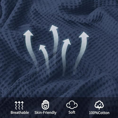 100% Cotton Waffle Blanket (Navy Blue - Throw Size - 50 * 60''), Pre-Washed and Anti-Shrinkage Soft Lightweight Bed & Couch Blanket, 380 GSM Waffle Weave Throw Blanket for All Seasons - color: Navy Blue, size: Throw (50"*60")