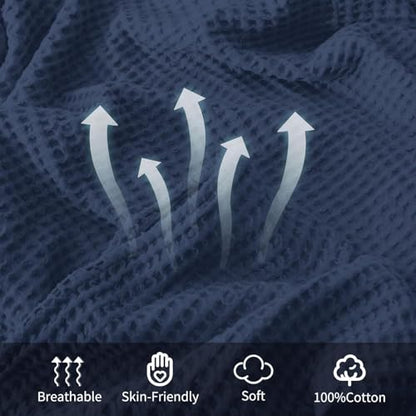 100% Cotton Waffle Blanket (Navy Blue - Throw Size - 50 * 60''), Pre-Washed and Anti-Shrinkage Soft Lightweight Bed & Couch Blanket, 380 GSM Waffle Weave Throw Blanket for All Seasons - color: Navy Blue, size: Throw (50"*60")