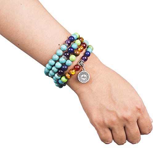 108 Mala Beads Necklace 7 Chakra Tree of Life Pendant Prayer Buddha Bracelets Healing Stone Yoga Men Women Jewelry - color: Turquoise-OM-Buddha-8MM