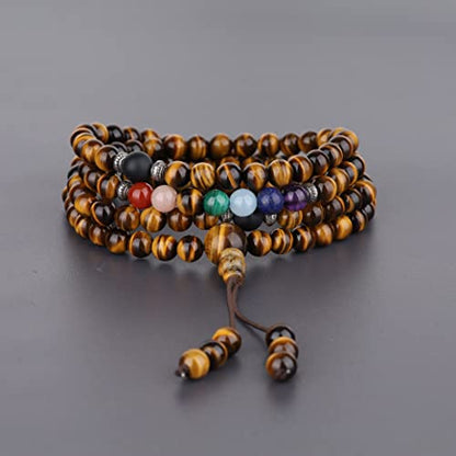 COAI 108 Japa Mala 7 Chakra Stone Wrap Bracelet Necklace - style: Tiger Eye