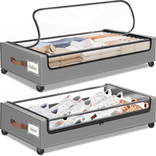 SpaceHacks Under Bed Storage with Wheels 2Pack Underbed Storage with Clear Window&Label Under Bed Drawers Large Capacity Rolling Under Bed Storage for Clothes,Shoes, Blankets (Light Grey) - color: Light Grey, size: 2 pack