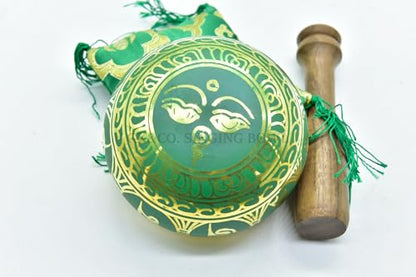 3.75" Tibetan Meditation Yoga Singing Bowl Green Set with free Wooden Mallet and Silk Cushion from Nepal, Singing bowls. (Green) - color: Green