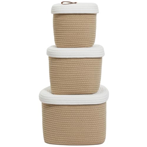 Set of 3 Stylish Rectangular Woven Baskets with Lids - Elegant Storage Solution for Home Decor and Organization, Beige/White Lid