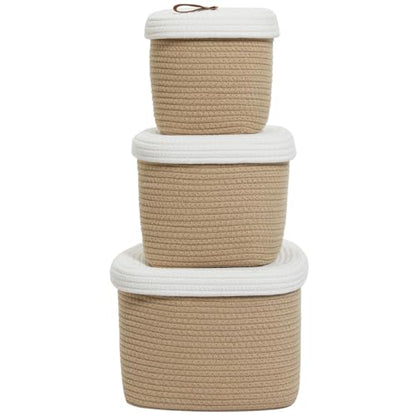 Set of 3 Stylish Rectangular Woven Baskets with Lids - Elegant Storage Solution for Home Decor and Organization, Beige/White Lid