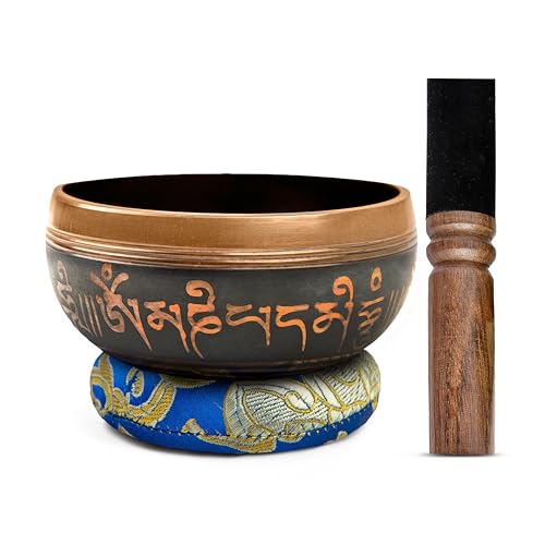 Tibetan Singing Bowl Set Brass - Master Healing Grade - Authentic Handcrafted Sound Bowl by Himalayan Bazaar - color: Dark Brown