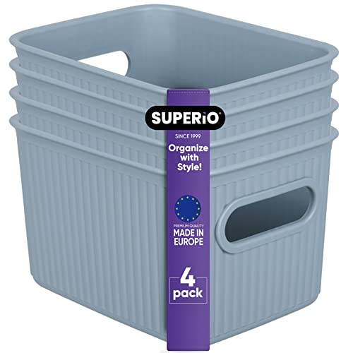 Superio Ribbed Collection - Decorative Plastic Basket Open Home Storage Bins Organizer, Small Blue (4 Pack) Container Boxes for Organizing Closet Storage Bins for Shelves Drawer Shelf 1.5 Liter - size: 4 Pack, style: Bin - Small (1.5 Liter)