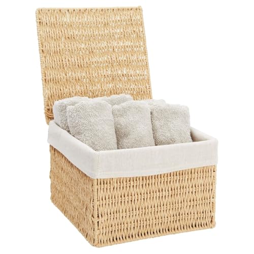 Juvale Wicker Storage Bins with Lids and Insert - Set of 2, 10 x 10 x 7 in & 8 x 8 x 6 in, Brown - Rectangular Lined Baskets with Lids & Insert for Organization