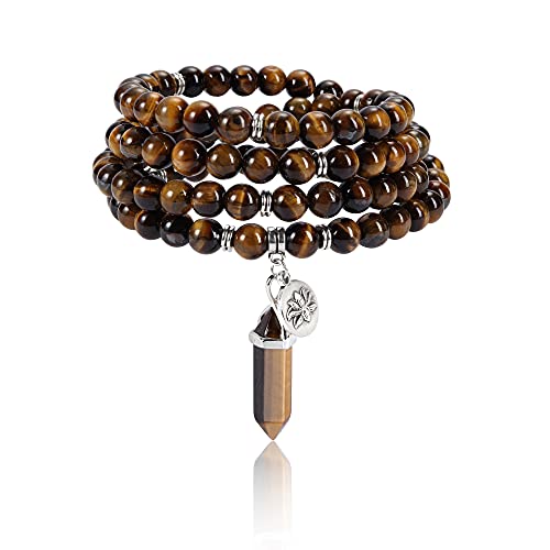 Jovivi 108 Mala Beads Bracelet 8mm Natural Amethyst Rose Quartz Healing Crystal Stone Mala Prayer Bead Necklace Hexagonal Prism Gemstone Reiki Pointed Pendant for Yoga Meditation Energy Balancing - color: Tiger Eye Crystal