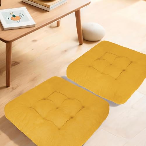Meditation Floor Pillow Set of 2, Square Large Pillows Seating for Adults, Tufted Corduroy Cushion for Tatami Living Room, 22x22 Inch FP-Yellow