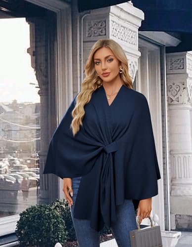 PULI Women's Elegant Shawl Wraps Soft Open Front Poncho Sweater for Spring Fall Winter - color: Front Tab-dark Salte Blue