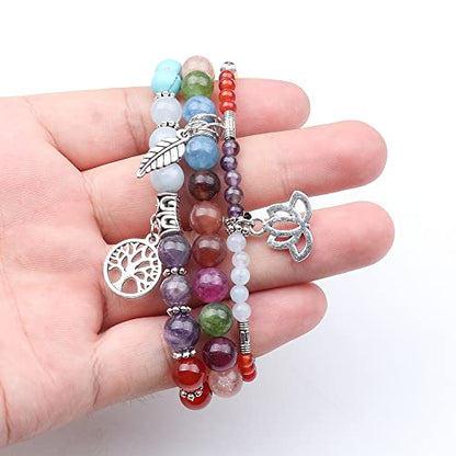 Tree of Life Yoga Healing Stone Bracelets,Multilayer Lotus Chakra Stone Reiki Bracelet Sets,Anxiety Crystal Natural Stone,for Women Stress Relief - style: Chakra+colorful tourmaline