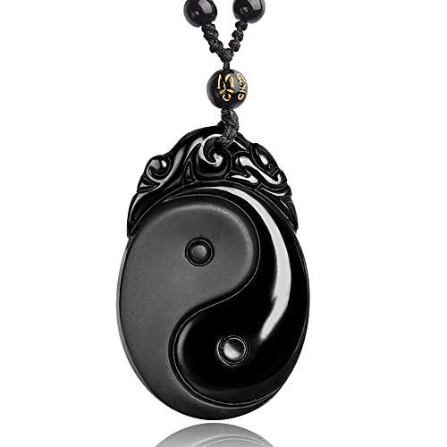 Black Obsidian Necklace Natural Crystal Amulet Protection Pendant with Adjustable Rope Lucky Talisman Necklaces Jewelry Gift for Men Women - color: Yin Yang TaiChi