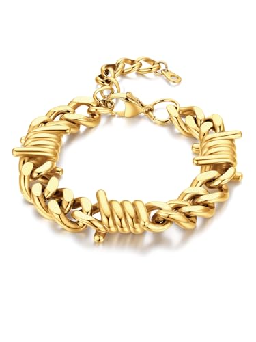 Bandmax Barbed Wire Chain Bracelets for Men Women Stainless Steel/Black/Gold Thorn Cuban Link Bracelet Adjustable Punk Emo Style Jewelry Gift - color: 12 12MM-Gold Plated