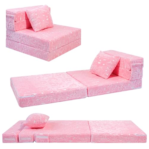 MeMoreCool Glow Pink Unicorn Tri-fold Sofa Bed for Kids, Foldable Futon Chair and Floor Couch, Convertible Trifold Mattress for Playroom - color: Unicorn