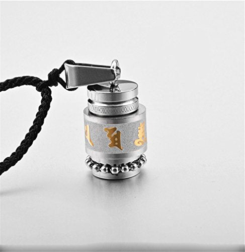 Men's Stainless Steel Open Lucky Buddha Mantra Pendant Necklace Bottle Container Memorial with Braided Rope - color: Mantra - Silver (small)