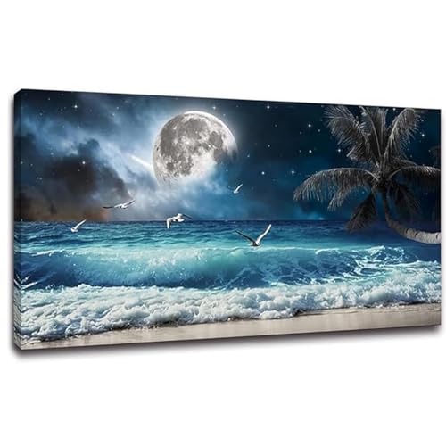 Yxbhhym large Moon Ocean Wall Art Seascape Sea Wall Pictures Canvas Beach Prints Poster Scenery Ocean Paintings Palm Artwork for Bedroom Modern Framed Office Wall Art Living Room Decor-30x60inches - color: Blue Ocean Wall Art, size: 60"L x 30"W
