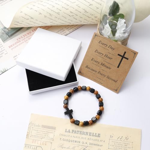 MILAKOO Wooden Bracelet with Black Stainless Steel Cross Charms Bead Christian Gifts for Women Men - color: C5