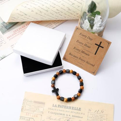 MILAKOO Wooden Bracelet with Black Stainless Steel Cross Charms Bead Christian Gifts for Women Men - color: C5