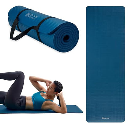Gaiam Essentials 2/5" Thick (10mm) Yoga & Pilates, Fitness & Exercise Mat with Easy-Cinch Carrier Strap Cusion Support For Fitness and Gym Workouts - color: Navy