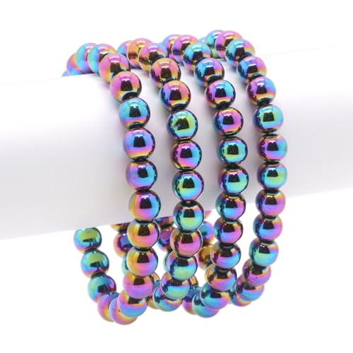 Justinstones Gem Semi Precious Gemstone 8mm Round Beads Stretch Bracelet 7 Inch Unisex - color: Metallic Rainbow Coated Hematite