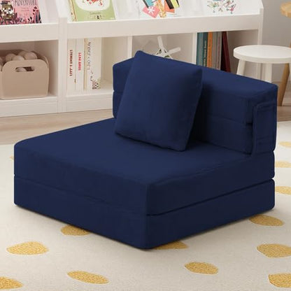 MeMoreCool Foldable Futon Chair Bed for Kids, Toddler Sofa Mattress, Convertible Foam Floor Couch, Tri-fold Sleeping Mattress (Navy) - color: Navy