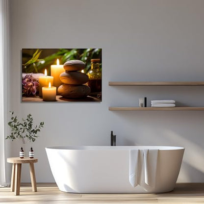 KPLUNDO Zen Canvas Wall Art - Bathroom Wall Decor Candle with Spa Stones Picture Meditation Relax Artwork for Yoga Spiritual Room Decor Frame(Art-4,12.00x18.00 inch)