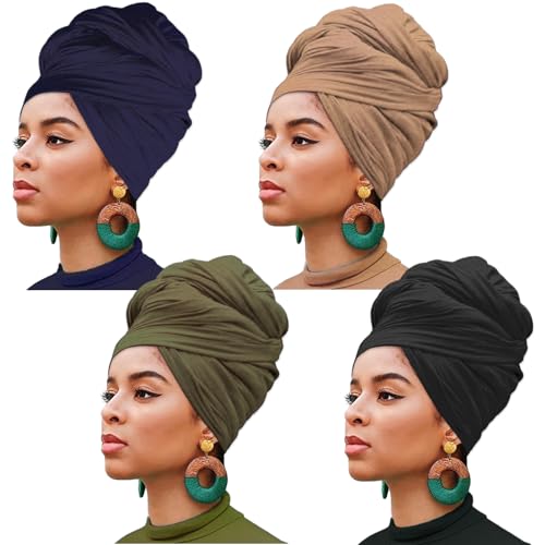 XTREND 4 Pieces African Head Wrap Turban for Women Fashion Headwear Solid Color Hijab Soft Hair Scarf Caps Bohemian Soft Breathable headwraps Tie (Black, Army Green, Navy, Camel) - color: Black, Army Green, Navy, Camel
