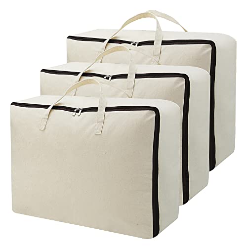 AMJ Set of 3, Canvas Storage Bag with 3-Side Zip Open & Handles, 8OZ Thick Soft Breathable Closet Organizer for Beddings, House Move or Winter Garment Storage in Wardrobe, Beige - color: Beige, 3PCS