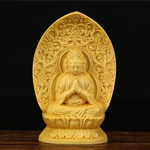 Ulalaza Boxwood Buddha Statue Solid Wood Carvings Carved Locker Box Sculpture Decoration - color: S7-yellow