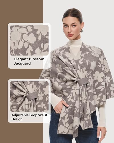 PULI Women's Elegant Shawl Wraps Soft Open Front Poncho Sweater for Spring Fall Winter - color: Floral-oatmeal and Barley Twist