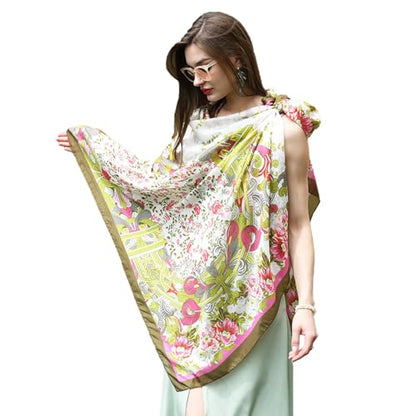 100% Mulberry Extra Large Silk Pashmina Scarf Shawls And Wraps For Women Evening Dress Summer Travel Floral Blanket - color: 60 Green&red
