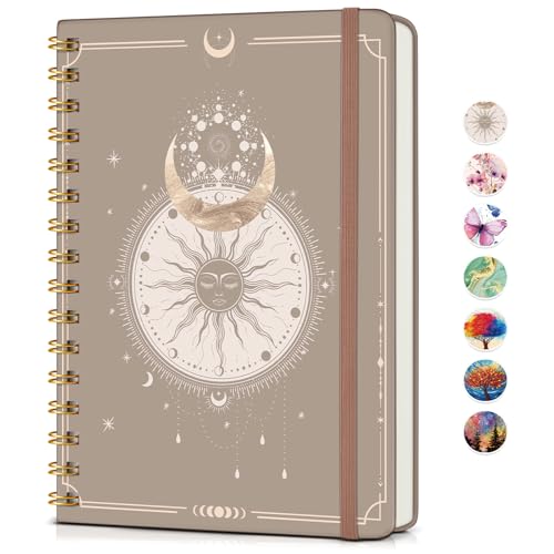 PAPEJOON Lined Spiral Journal Notebook for Women, A5 Cute Hardcover Spiral Journals for Writing, 150 Pages Pretty College Ruled Notebooks for Work & Note Taking, 5.75" x 8.38", Boho Sun & Moon - color: Boho Sun & Moon, size: Line