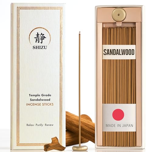 Shizu Sandalwood Incense Sticks – Artisanal Temple Grade Japanese Incense with Brass Holder – Calming Scent for Relaxation, Meditation & Home Spa, Elegant Gift Set (60 Sticks)
