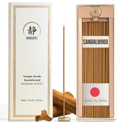 Shizu Sandalwood Incense Sticks – Artisanal Temple Grade Japanese Incense with Brass Holder – Calming Scent for Relaxation, Meditation & Home Spa, Elegant Gift Set (60 Sticks)