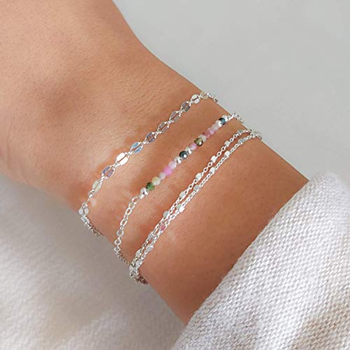 Stacking Bracelet Silver, Minimalist Simple Gourmet Satellite Rectangles Lace Heart Chain Bracelets, 925 Sterling Arm Jewelry for Women, Length 6.5-7.5 Inches - style: Lace Chain