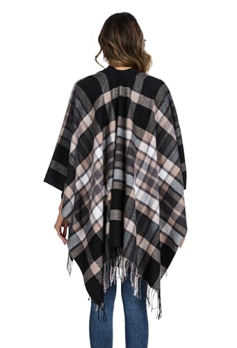 Shawl Wraps for Women, Elegant Knitted Cape Open Front Poncho Scarf Blanket Cardigan Coat for Spring, Autumn, and Winter - color: Black Khaki 2