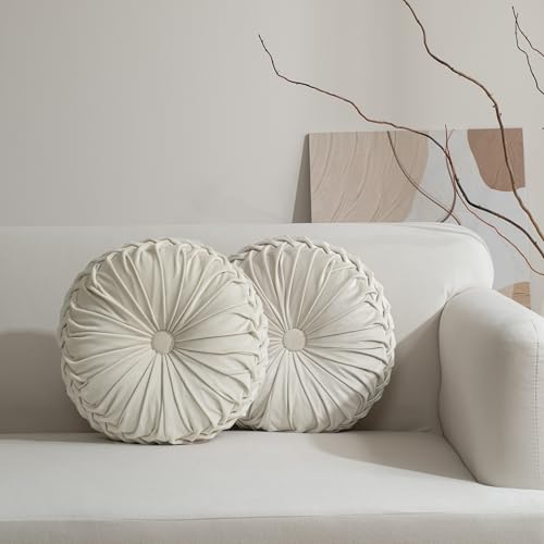 HIG Set of 2 Decorative Round Pleated Throw Pillows,Classy Accent Pumpkin Throw Pillows with Center Button,Vintage Velvet Floor Pillows for Sofa Vanity Chair Bed, Beige,14.5" Diameter(Ripple) - color: Beige