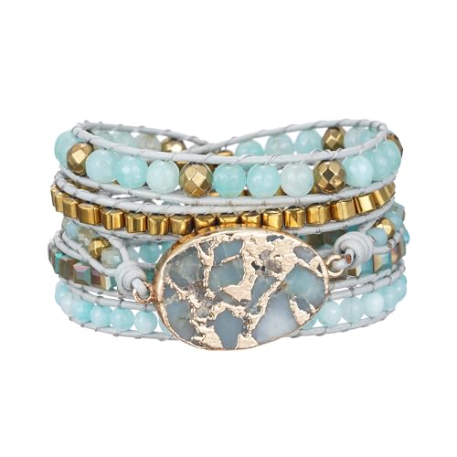 Plumiss Women Boho Handmade Natural Stone Crystal Leather Bead Wrap Bracelets Collection - style: Gold Amazonite 5W