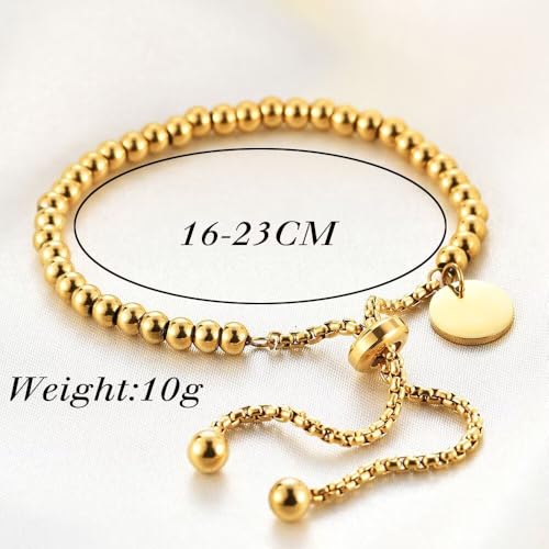 925 Sterling Silver 18K Gold Plated Minimalist Round Pendant Adjustable Bead Bracelet, Simple Geometric Couple Bracelet(Gold) - color: Gold
