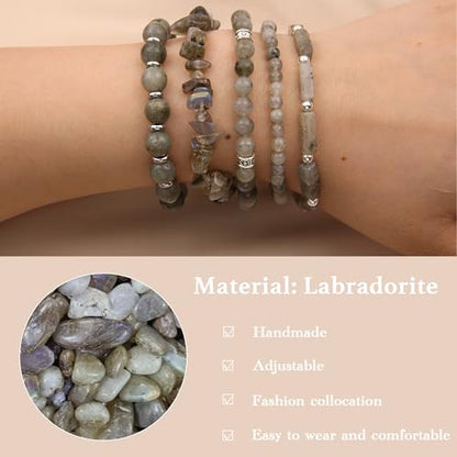 5Pcs Healing Crystal Bracelet for Women Men, Handmade Adjustable Gemstone Bracelets Beaded Reiki Energ Bracelet Set Jewelry Gifts for Women Men - color: Labradorite
