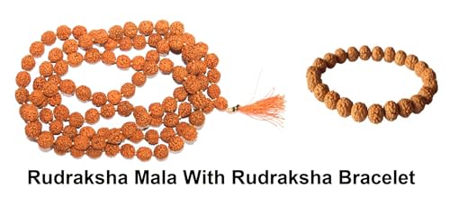 Natural Rudraksha Mala 108 Beads with Tassel & Matching Rudraksha Bracelet | Spiritual Prayer Meditation Japa Necklace for Yoga, Healing & Puja