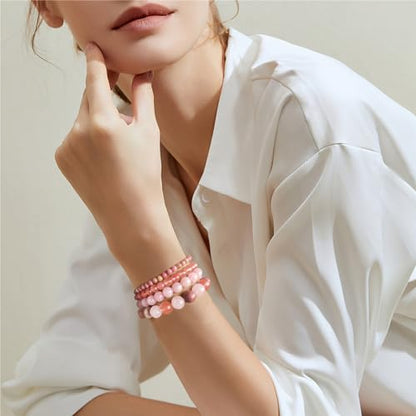 4pcs Beaded Bracelets for Women,Natural Healing Crystal Gemstones Bracelet,Anxiety Stress Relief Bracelet Handmade purple Jewelry Gifts for Women - color: Rhodochrosite&Watermelon crysta&Rose Quartz