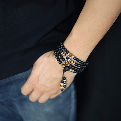 COAI 108 Mala Beads Hamsa Hand Bracelet, Wrap Bracelet Beaded Necklace for Men Women - style: Matte Onyx
