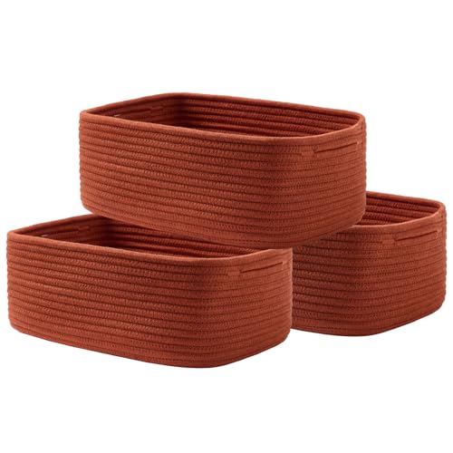 Small Woven Basket, 13.5 x 9.5 x 5 Inches, Storage Basket for Organizing, Cute Small Rope Shelf Closet Cube Storage Bins Baskets for Shelves, Dog Toy Gift Baskets Empty, 3 Pack Rust Red - color: Rust Red, size: 13.5"L x 9.5"W x 5"H